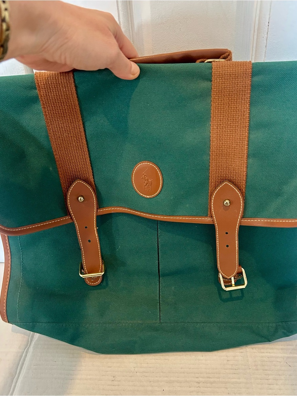 Polo by Ralph Lauren Green Canvas Briefcase with Brown Leather Accents